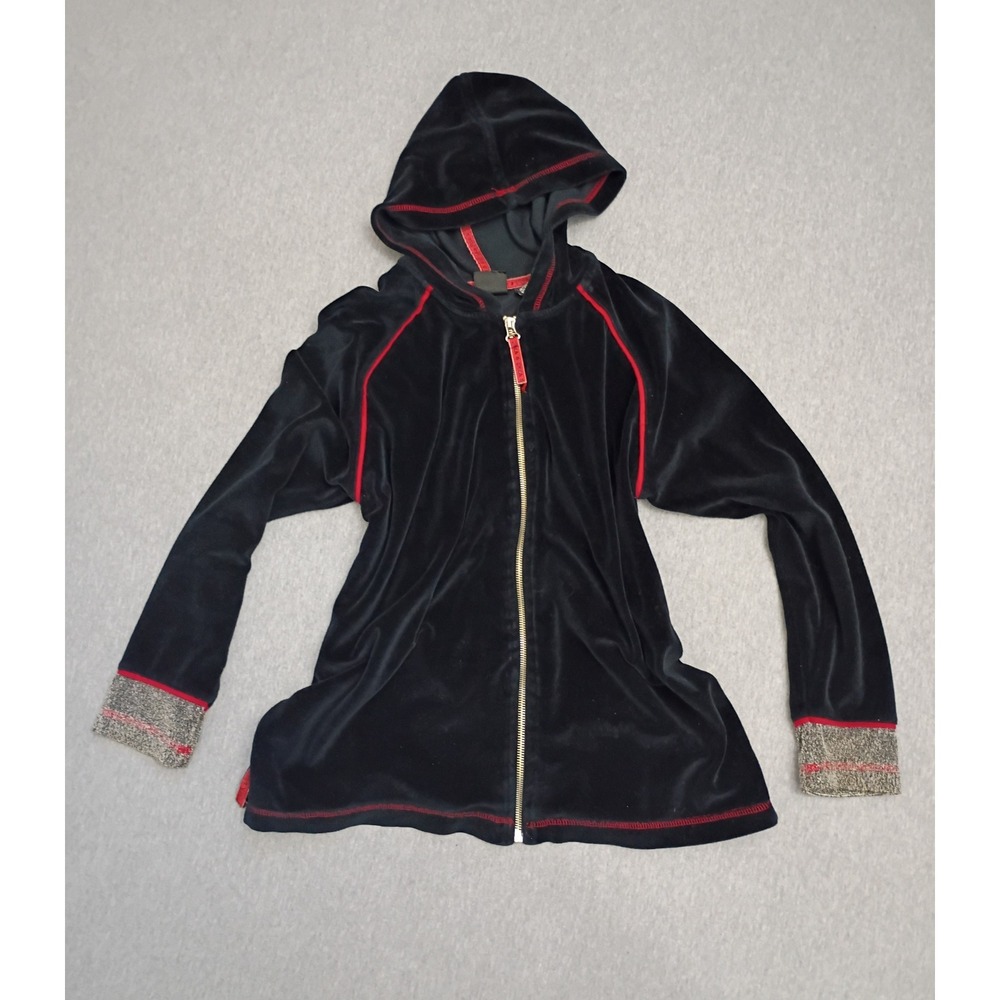 Erika Petite Womens Black Velour Full Zip Hoodie Red Trim Cuffs PS 90s Goth Cozy